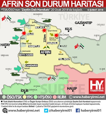 Zeytin Dalı Harekatı - Afrin son durum haritası: 6 Şubat 2018
