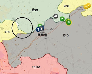 Suriye Halip kuzeyi El Bab bölgesi. YPG, daire içindeki alanda rejim güçleriyle ilerliyor. 