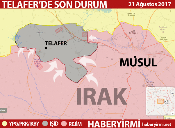 Irak Musul'a bağlı Telafer son 21 Ağustos-23 Ağustos 2017 son durum harita
