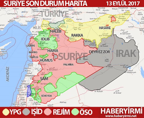 Suriye son durum haritası (13 eylül 2017) Rejim, YPG, IŞİD, ÖSO, Muhalifler….