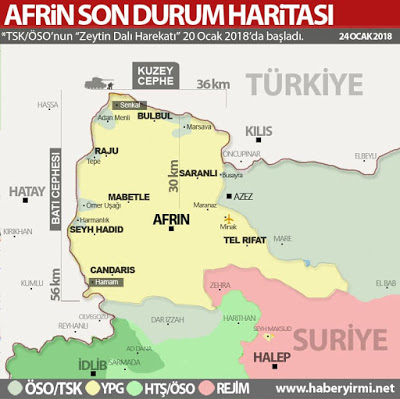 Afrin son durum haritası 24 Ocak 2018 YPG'nin 