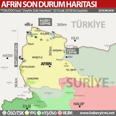 Afrin son durum haritası-23 Ocak 2018. TSK unsurlarının ilerleme hattı.