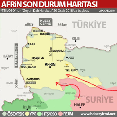 YPG'nin takviye aldığı iki güzergah. (Kırmızı oklar) Afrin son durum harita 25 Ocak 2018. www.haberyirmi.net