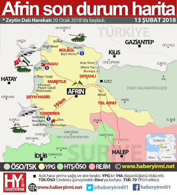 Afrin son durum harita. 13 Şubat 2018.