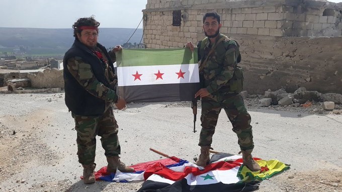 Afrin son durum YPG-Rejim-Rus bayrakları birarada