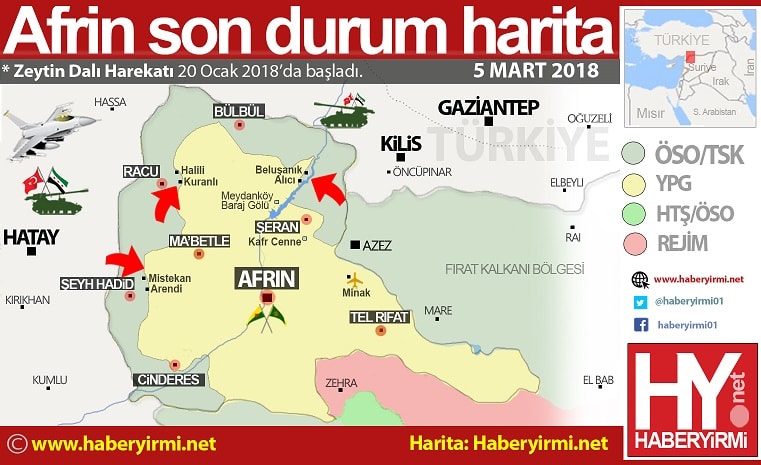 Afrin son durum harita 5 Mart 2018