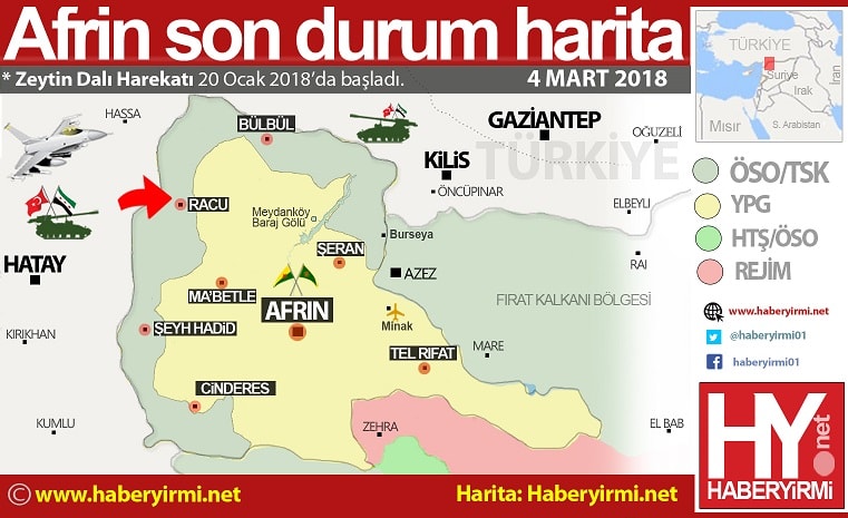 Afrin son durum haritası. 4 Mart 2018.