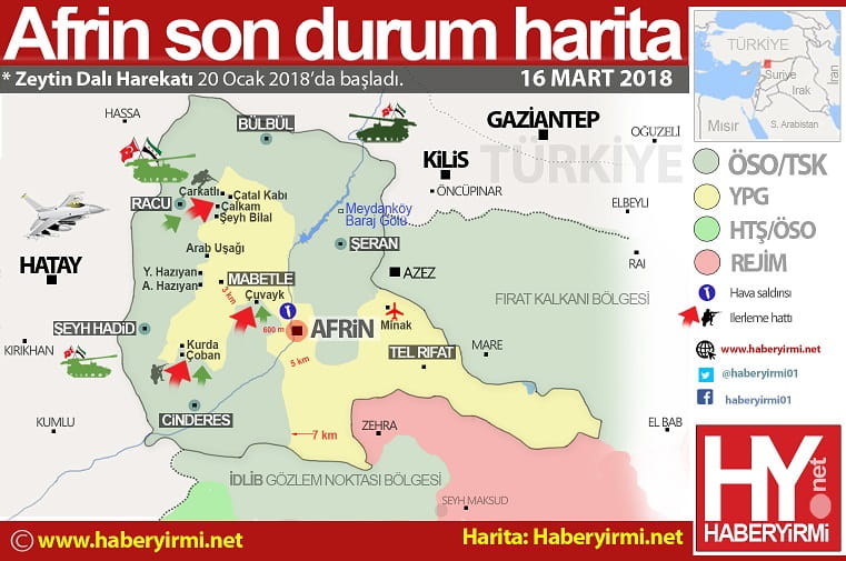 Afrin son durum harita 16 Mart 2018,