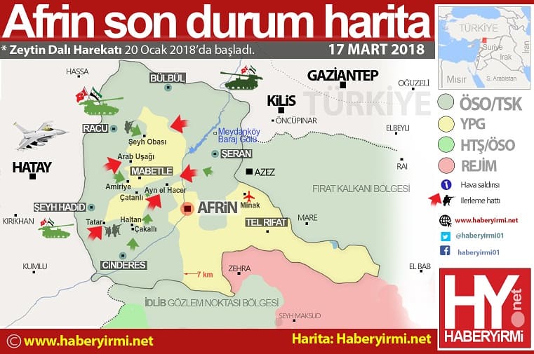 Afrin son durum harita 17 Mart 2018 saat 17.05